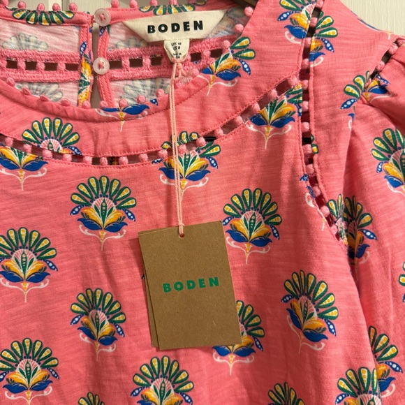 NWT Women’s Boden Pink Floral Top with Pom Pom Trim, Size 8 - Picture 5 of 9